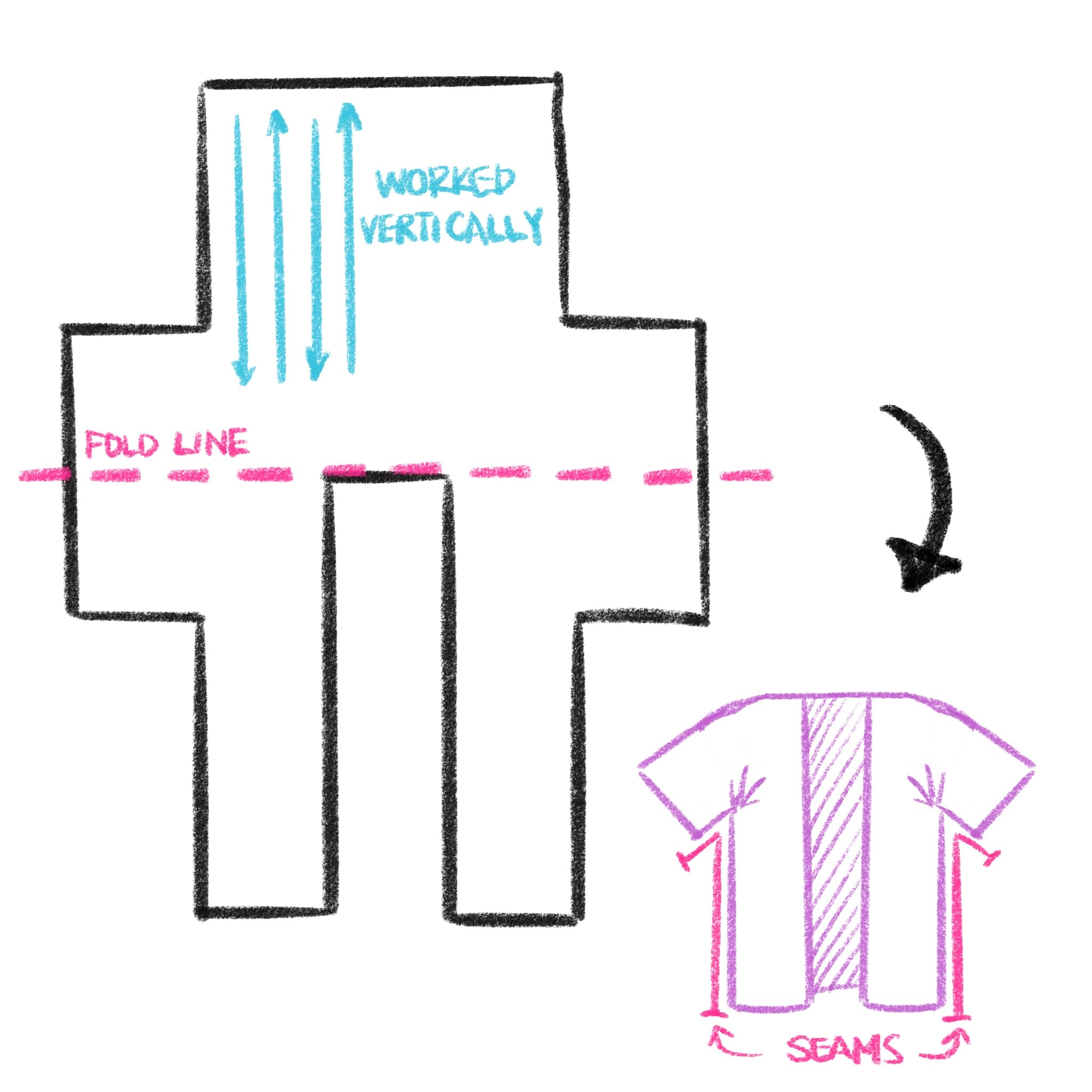 scrappyrobe_schematic.jpga hand-drawn schematic of a robe worked in a single panel